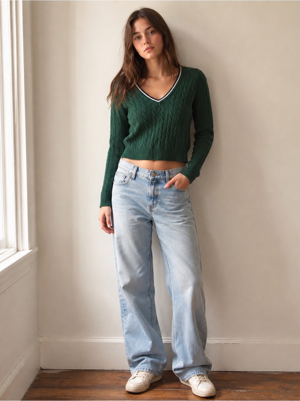 Brandy Melville Green Cable Knit Varsity V Neck Sweater O/S Rory Gilmore Core